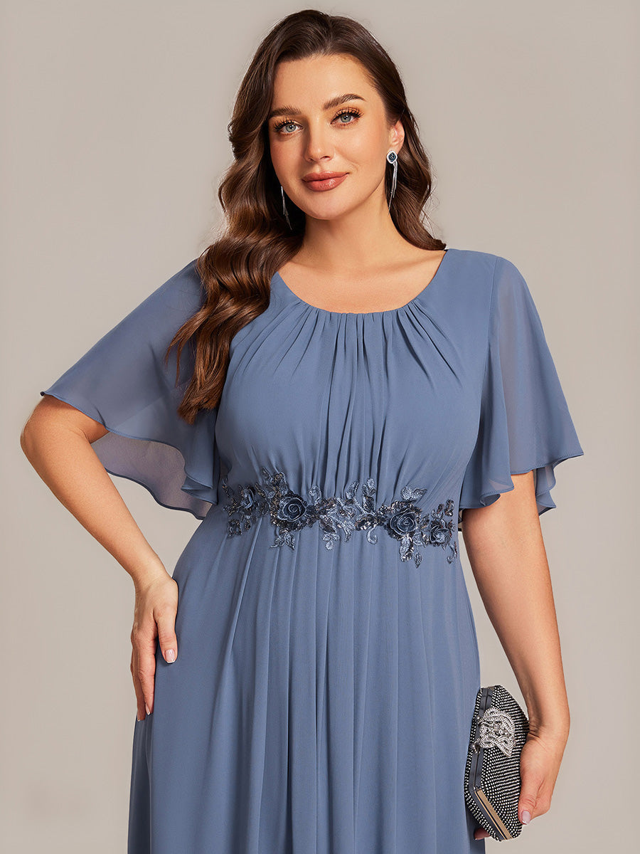 Robe de mariée trapèze à manches courtes avec appliqués plissés #Couleur_Marine Fume