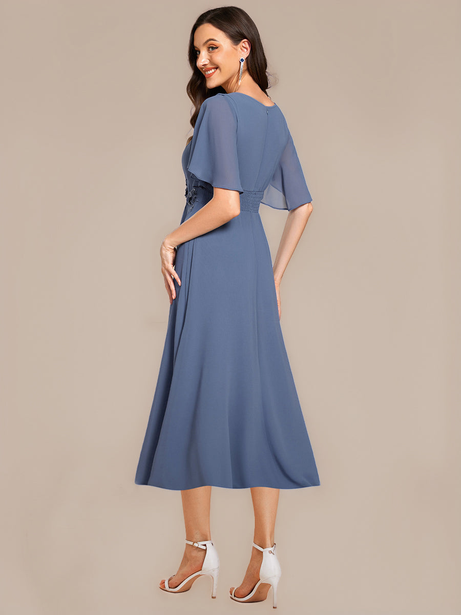 Robe de mariée trapèze à manches courtes avec appliqués plissés #Couleur_Marine Fume