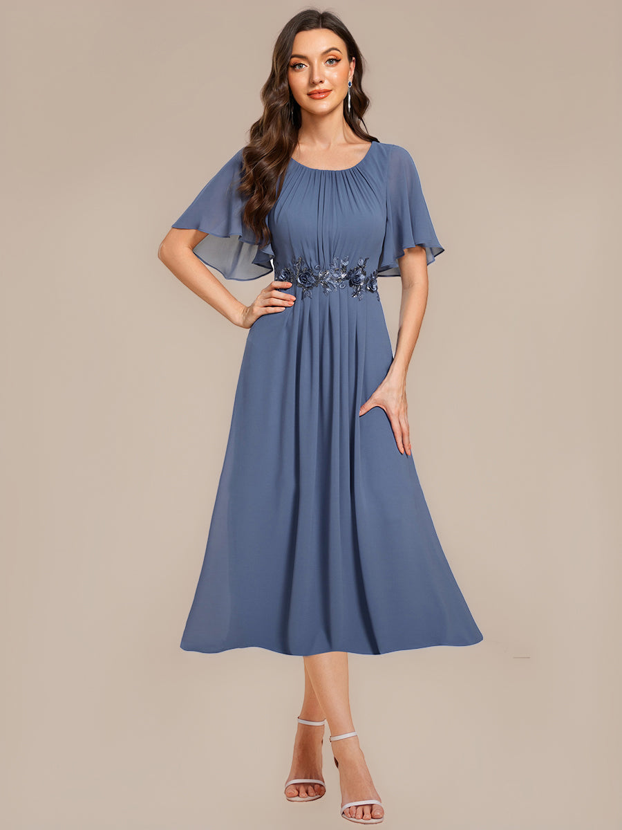 Robe de mariée trapèze à manches courtes avec appliqués plissés #Couleur_Marine Fume