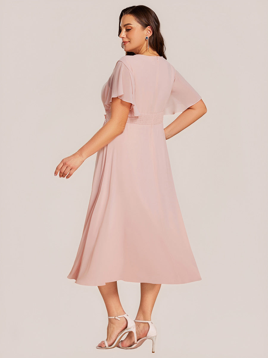 Robe de mariée trapèze à manches courtes avec appliqués plissés #Couleur_Rose