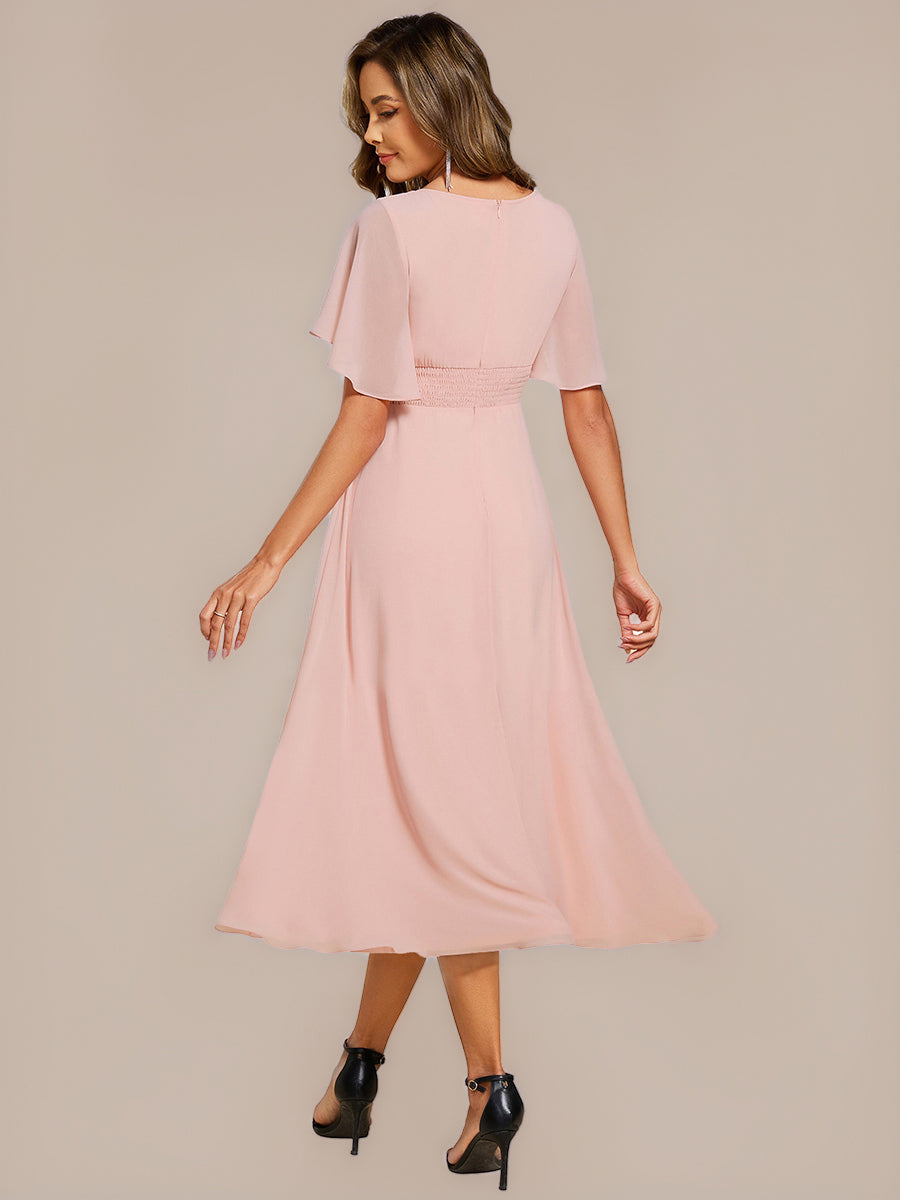 Robe de mariée trapèze à manches courtes avec appliqués plissés #Couleur_Rose