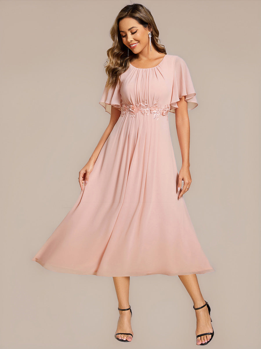 Robe de mariée trapèze à manches courtes avec appliqués plissés #Couleur_Rose