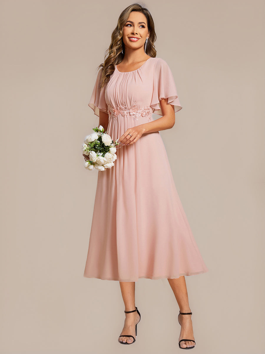 Robe de mariée trapèze à manches courtes avec appliqués plissés #Couleur_Rose