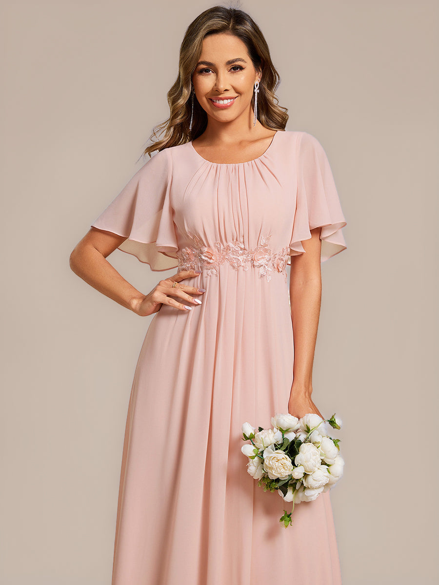 Robe de mariée trapèze à manches courtes avec appliqués plissés #Couleur_Rose