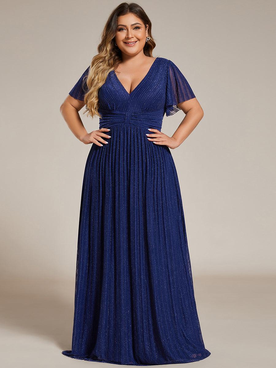 Robe de soirée formelle scintillante à manches courtes et col en V de grande taille #Couleur_Bleu Marine