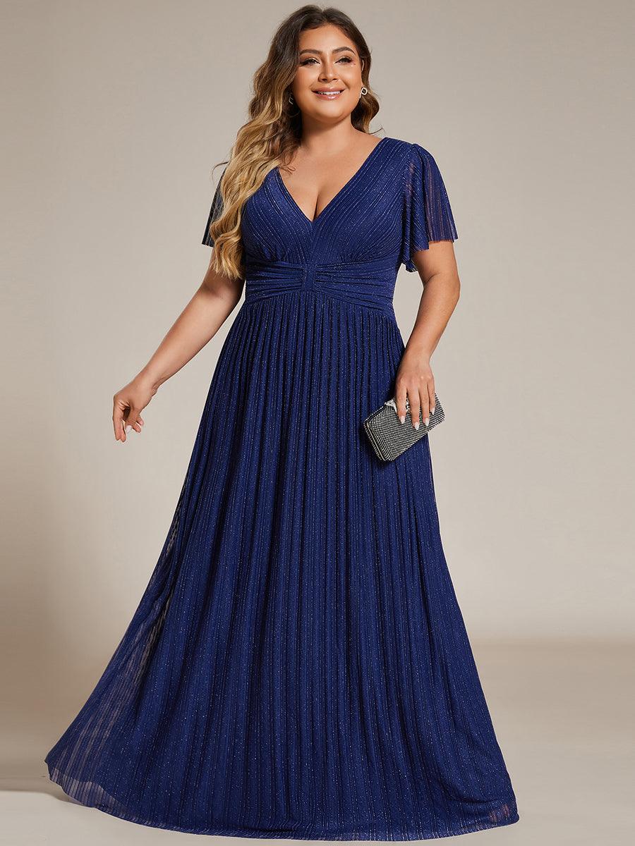 Robe de soirée formelle scintillante à manches courtes et col en V de grande taille #Couleur_Bleu Marine