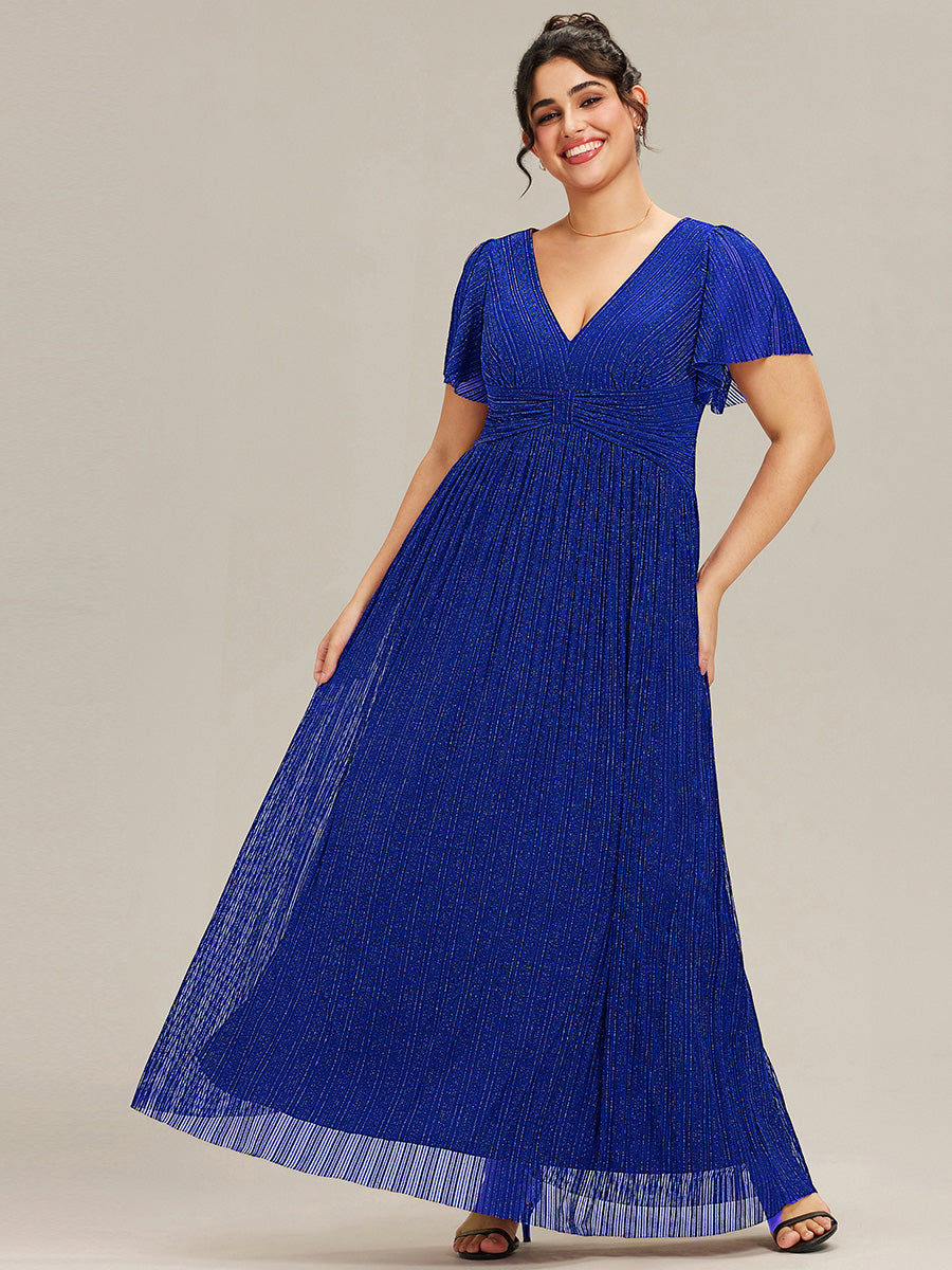 Robe de soirée formelle scintillante à manches courtes et col en V #Couleur_Bleu Saphir
