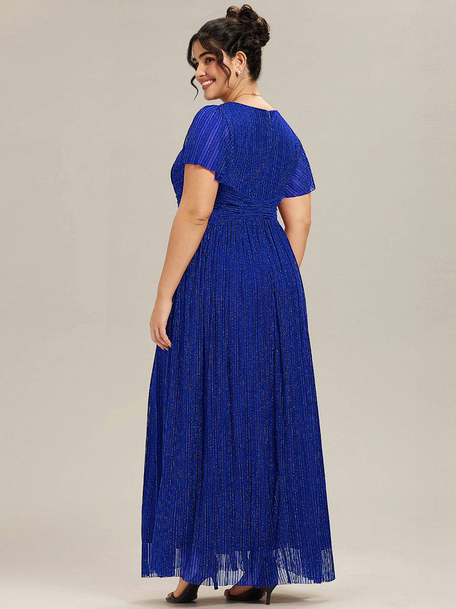 Robe de soirée formelle scintillante à manches courtes et col en V #Couleur_Bleu Saphir