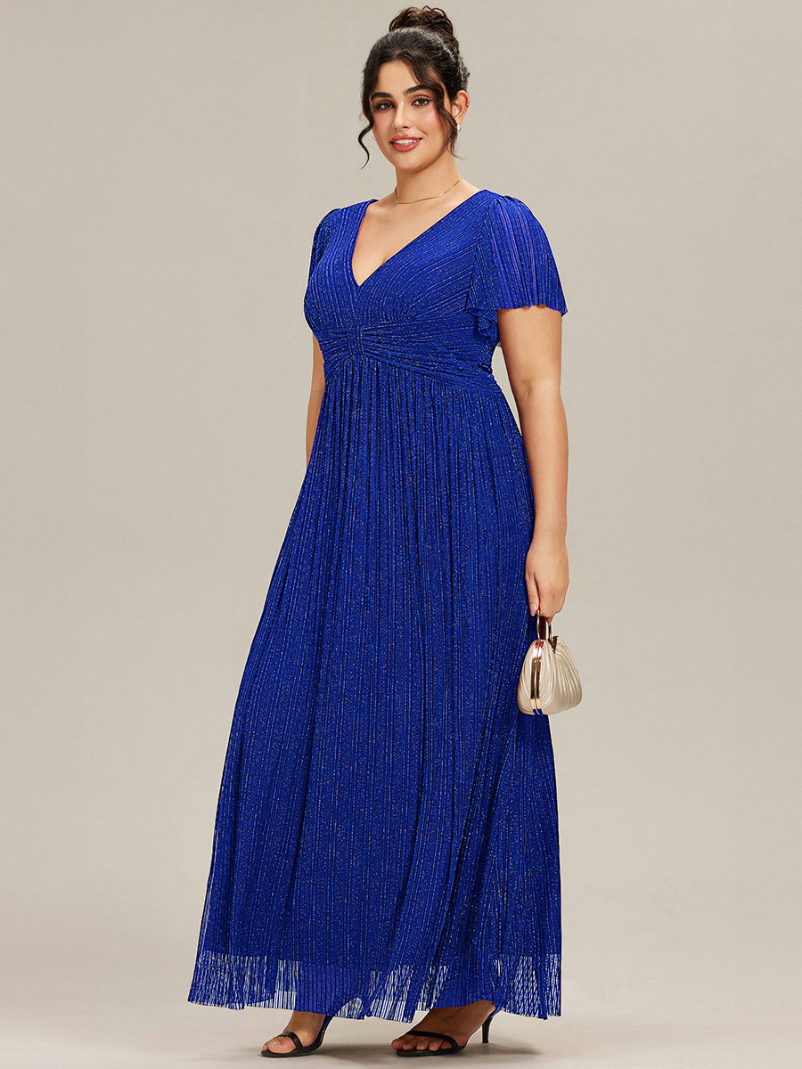 Robe de soirée formelle scintillante à manches courtes et col en V #Couleur_Bleu Saphir