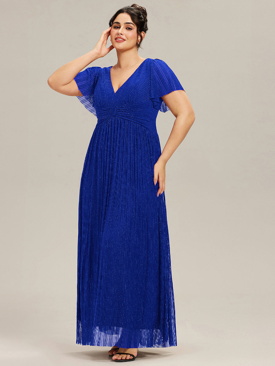 Robe de soirée formelle scintillante à manches courtes et col en V #Couleur_Bleu Saphir