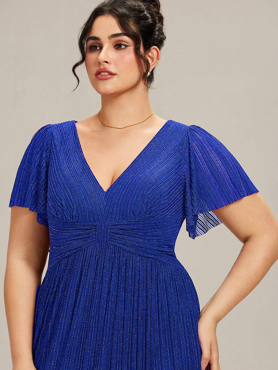 Robe de soirée formelle scintillante à manches courtes et col en V #Couleur_Bleu Saphir