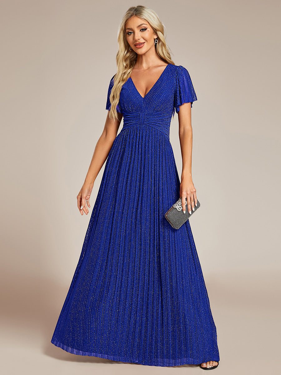 Robe de soirée formelle scintillante à manches courtes et col en V #Couleur_Bleu Saphir