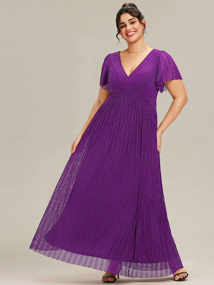 Robe de soirée formelle scintillante à manches courtes et col en V #Couleur_Raisin pétillant