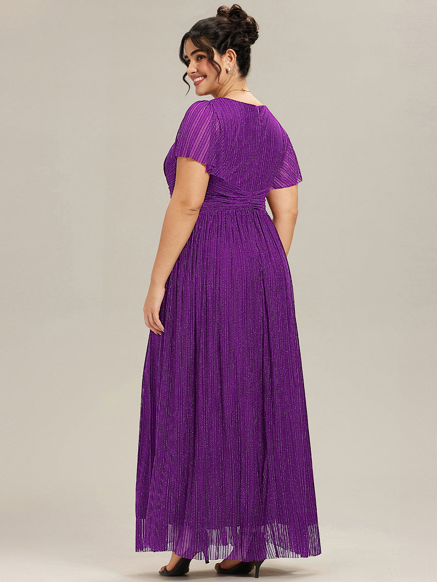 Robe de soirée formelle scintillante à manches courtes et col en V #Couleur_Raisin pétillant
