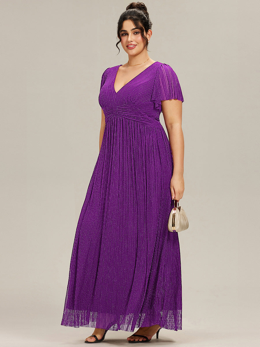 Robe de soirée formelle scintillante à manches courtes et col en V #Couleur_Raisin pétillant