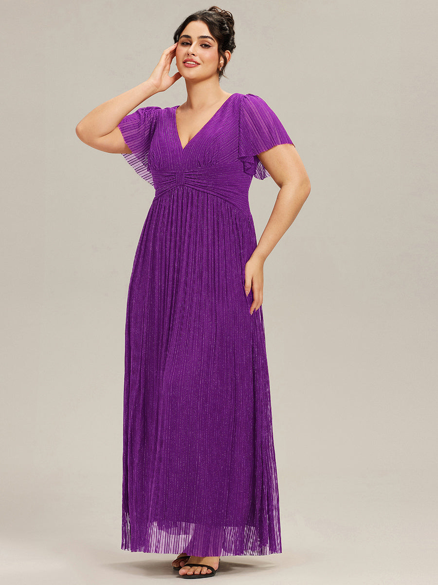 Robe de soirée formelle scintillante à manches courtes et col en V #Couleur_Raisin pétillant