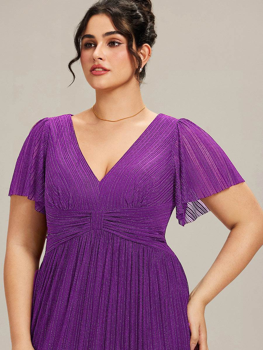 Robe de soirée formelle scintillante à manches courtes et col en V #Couleur_Raisin pétillant
