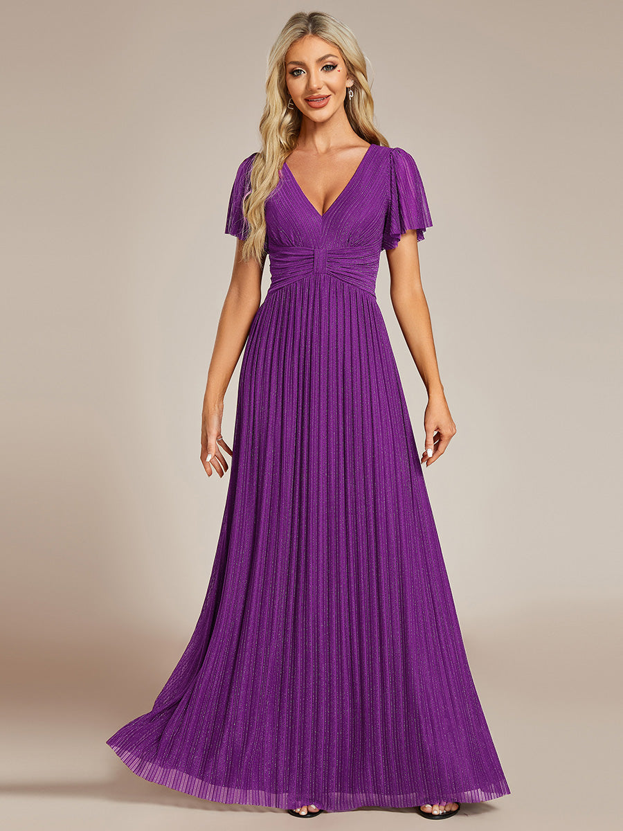 Robe de soirée formelle scintillante à manches courtes et col en V #Couleur_Raisin pétillant