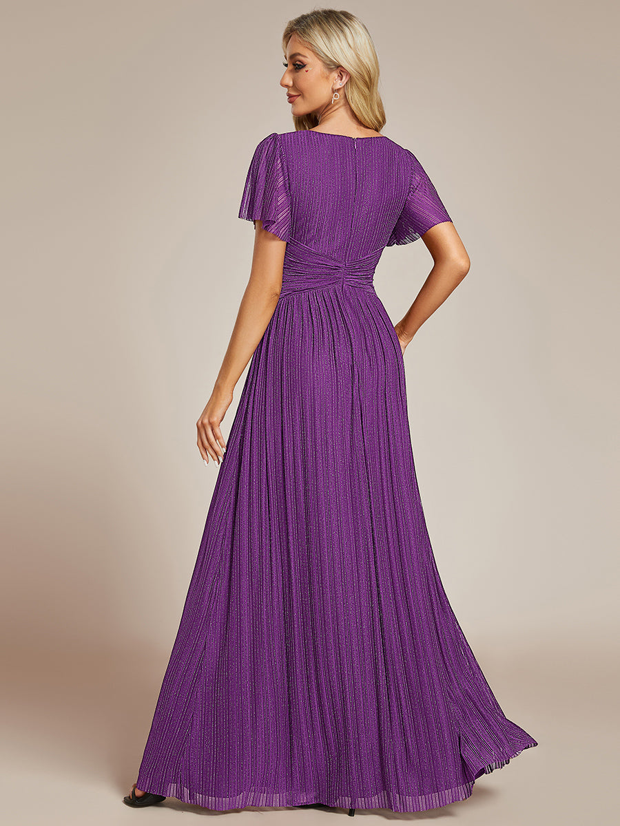 Robe de soirée formelle scintillante à manches courtes et col en V #Couleur_Raisin pétillant