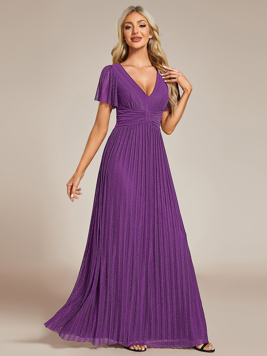 Robe de soirée formelle scintillante à manches courtes et col en V #Couleur_Raisin pétillant