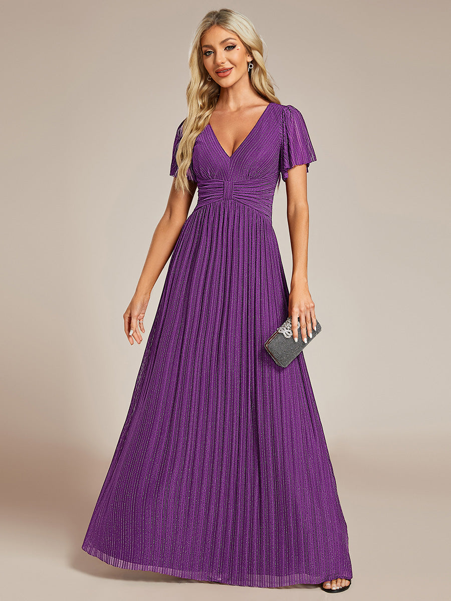 Robe de soirée formelle scintillante à manches courtes et col en V #Couleur_Raisin pétillant