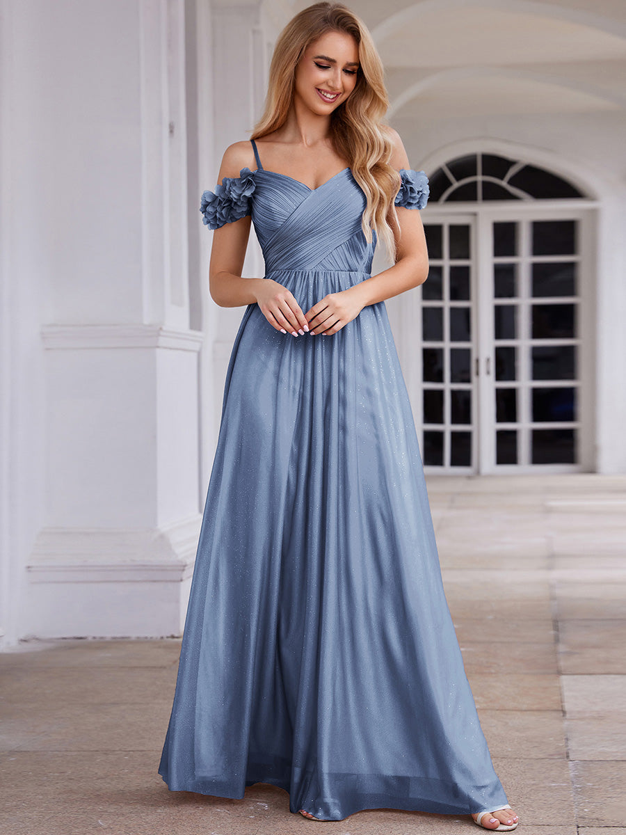 Robe D'invité De Mariage En Mousseline De Soie Mi-Longue Plissée à Manches à Volants Et Col En V #Couleur_Marine Fume