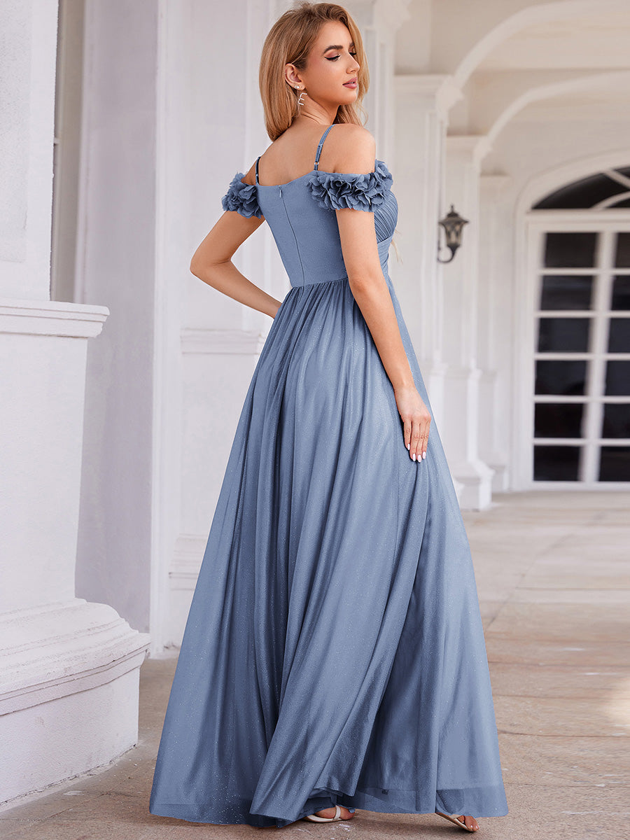 Robe D'invité De Mariage En Mousseline De Soie Mi-Longue Plissée à Manches à Volants Et Col En V #Couleur_Marine Fume