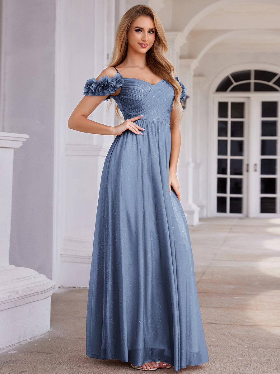 Robe D'invité De Mariage En Mousseline De Soie Mi-Longue Plissée à Manches à Volants Et Col En V #Couleur_Marine Fume