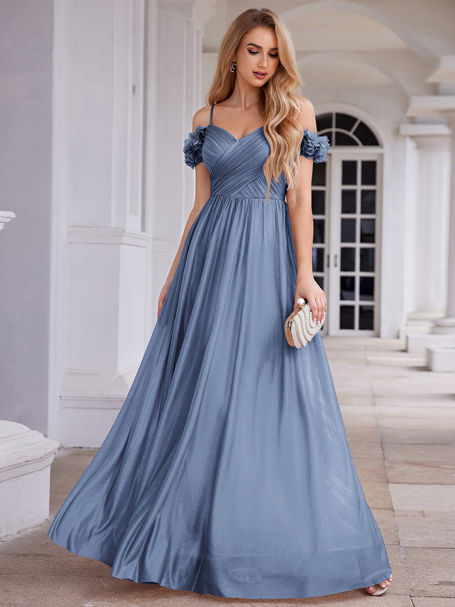 Robe D'invité De Mariage En Mousseline De Soie Mi-Longue Plissée à Manches à Volants Et Col En V #Couleur_Marine Fume