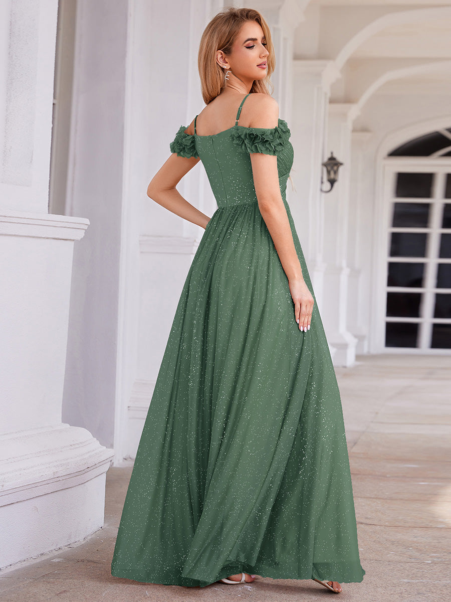 Robe D'invité De Mariage En Mousseline De Soie Mi-Longue Plissée à Manches à Volants Et Col En V #Couleur_Eucalyptus