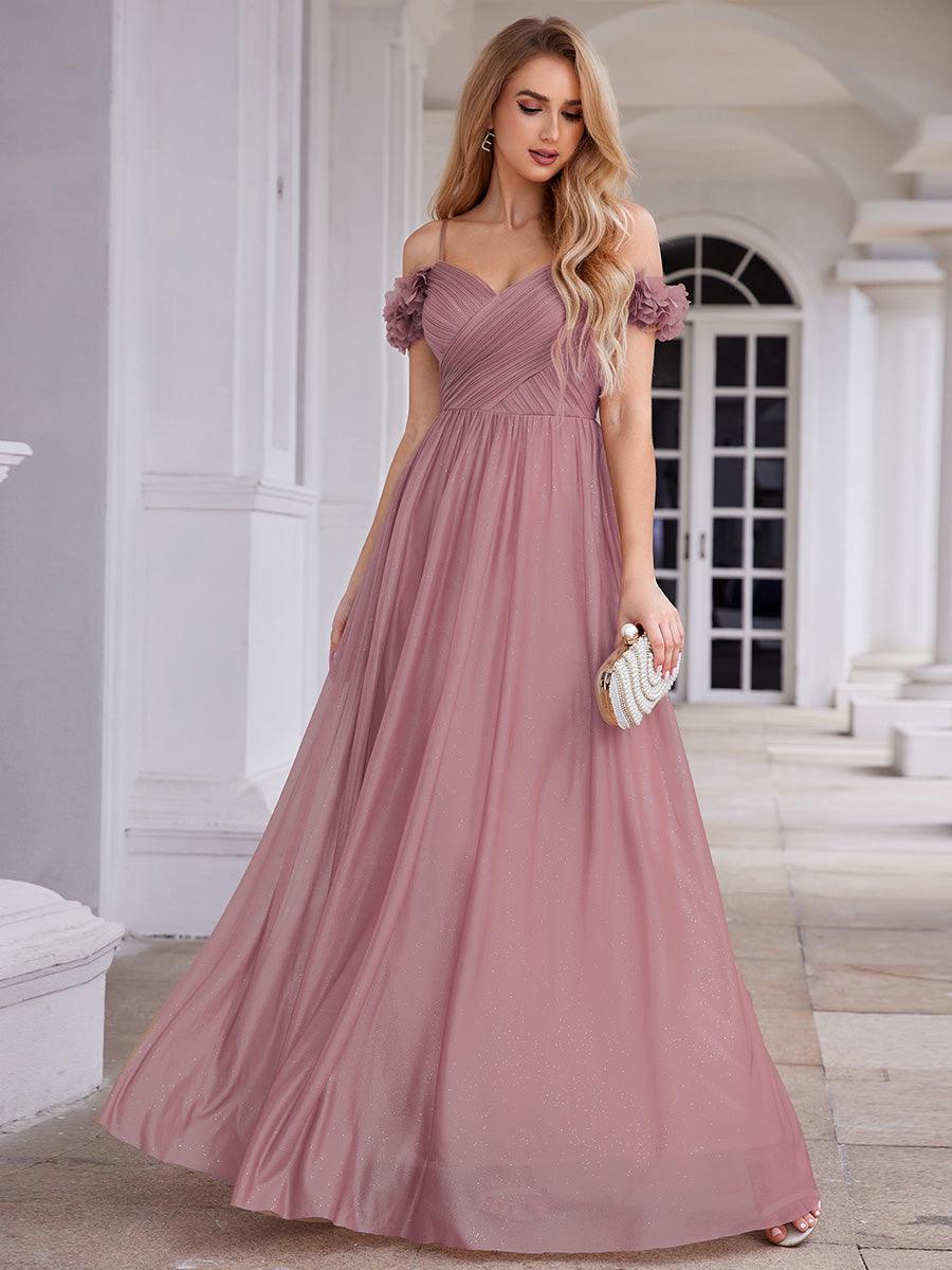 Robe de soirée plissée étincelante à col en V et épaules dénudées avec détails floraux #Couleur_Orchidee
