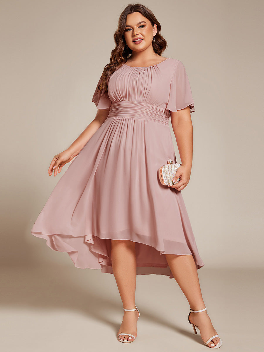 Robe d'invité de mariage trapèze en mousseline fluide à encolure ronde et longueur au genou #Couleur_Rose fumee