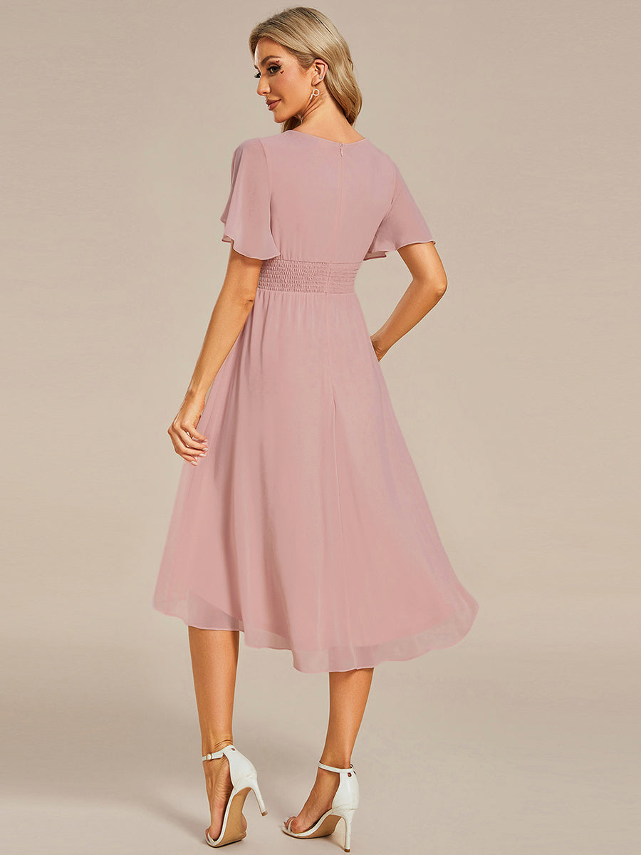 Robe d'invité de mariage trapèze en mousseline fluide à encolure ronde et longueur au genou #Couleur_Rose fumee