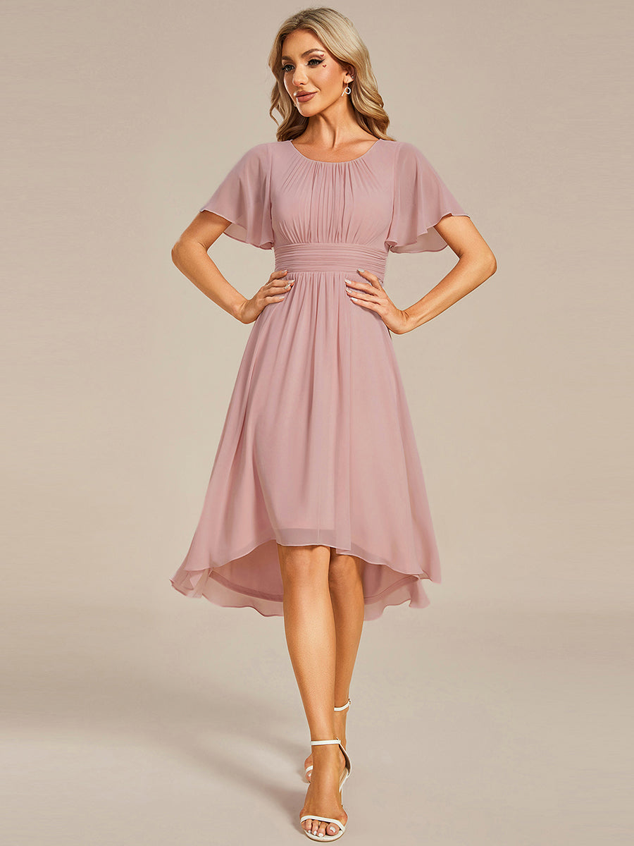 Robe d'invité de mariage trapèze en mousseline fluide à encolure ronde et longueur au genou #Couleur_Rose fumee