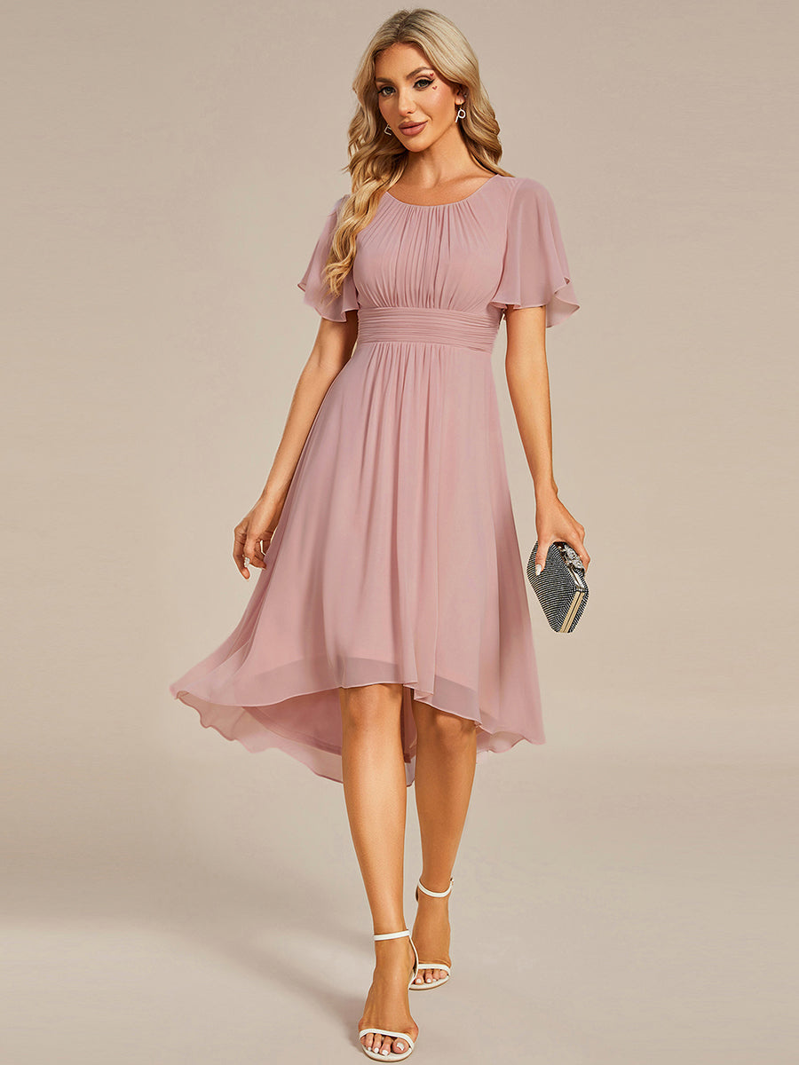 Robe d'invité de mariage trapèze en mousseline fluide à encolure ronde et longueur au genou #Couleur_Rose fumee