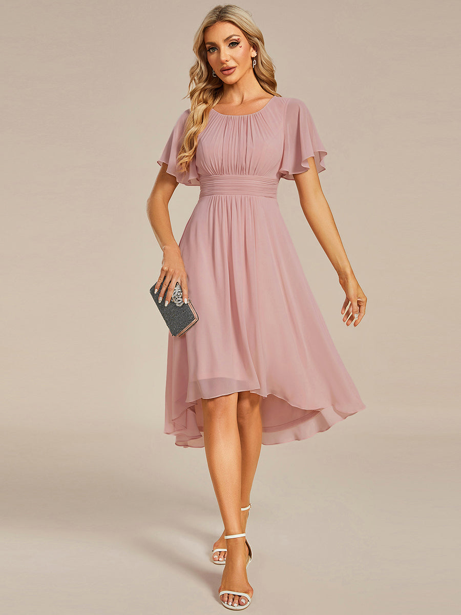 Robe d'invité de mariage trapèze en mousseline fluide à encolure ronde et longueur au genou #Couleur_Rose fumee