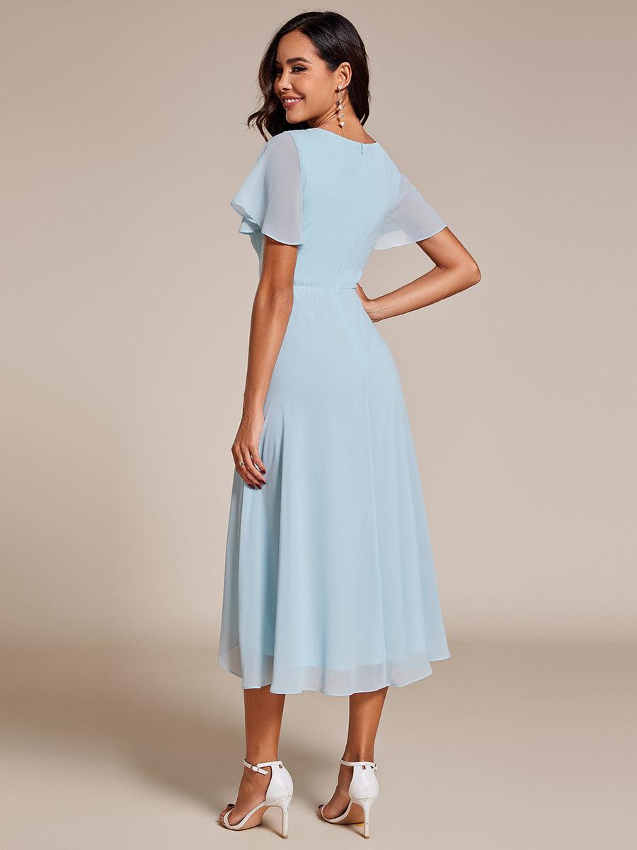 Robe D'invité De Mariage En Mousseline De Soie Mi-Longue Plissée à Manches à Volants Et Col En V #Couleur_Bleu Ciel