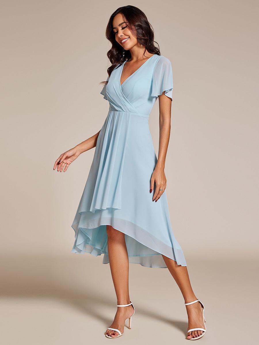 Robe D'invité De Mariage En Mousseline De Soie Mi-Longue Plissée à Manches à Volants Et Col En V #Couleur_Bleu Ciel