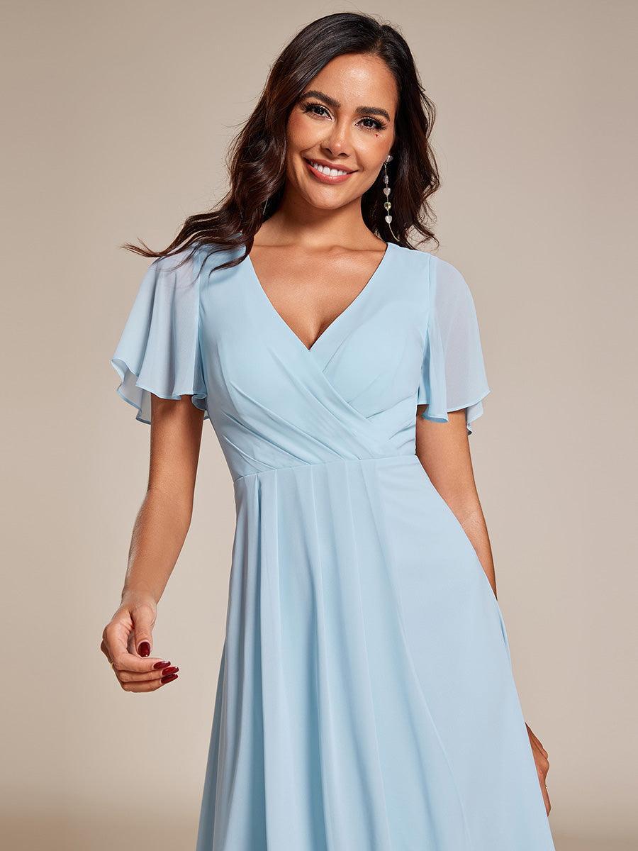 Robe D'invité De Mariage En Mousseline De Soie Mi-Longue Plissée à Manches à Volants Et Col En V #Couleur_Bleu Ciel