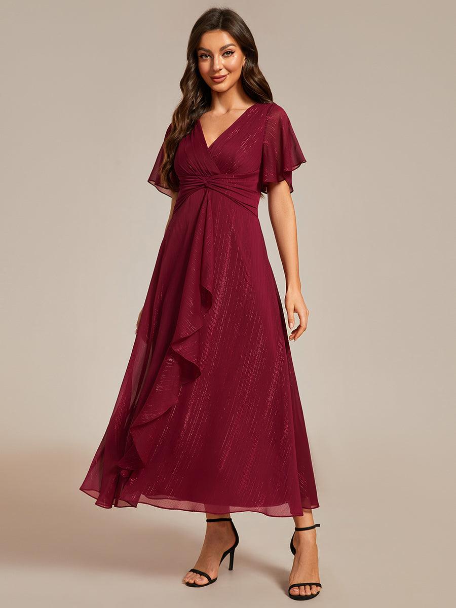 Robe d'invité de mariage mi-longue trapèze à manches courtes et paillettes de grande taille avec ourlet à volants #Couleur_Bordeaux