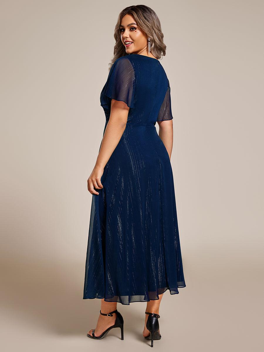 Robe d'invité de mariage mi-longue trapèze à manches courtes et paillettes de grande taille avec ourlet à volants #Couleur_Bleu Marine