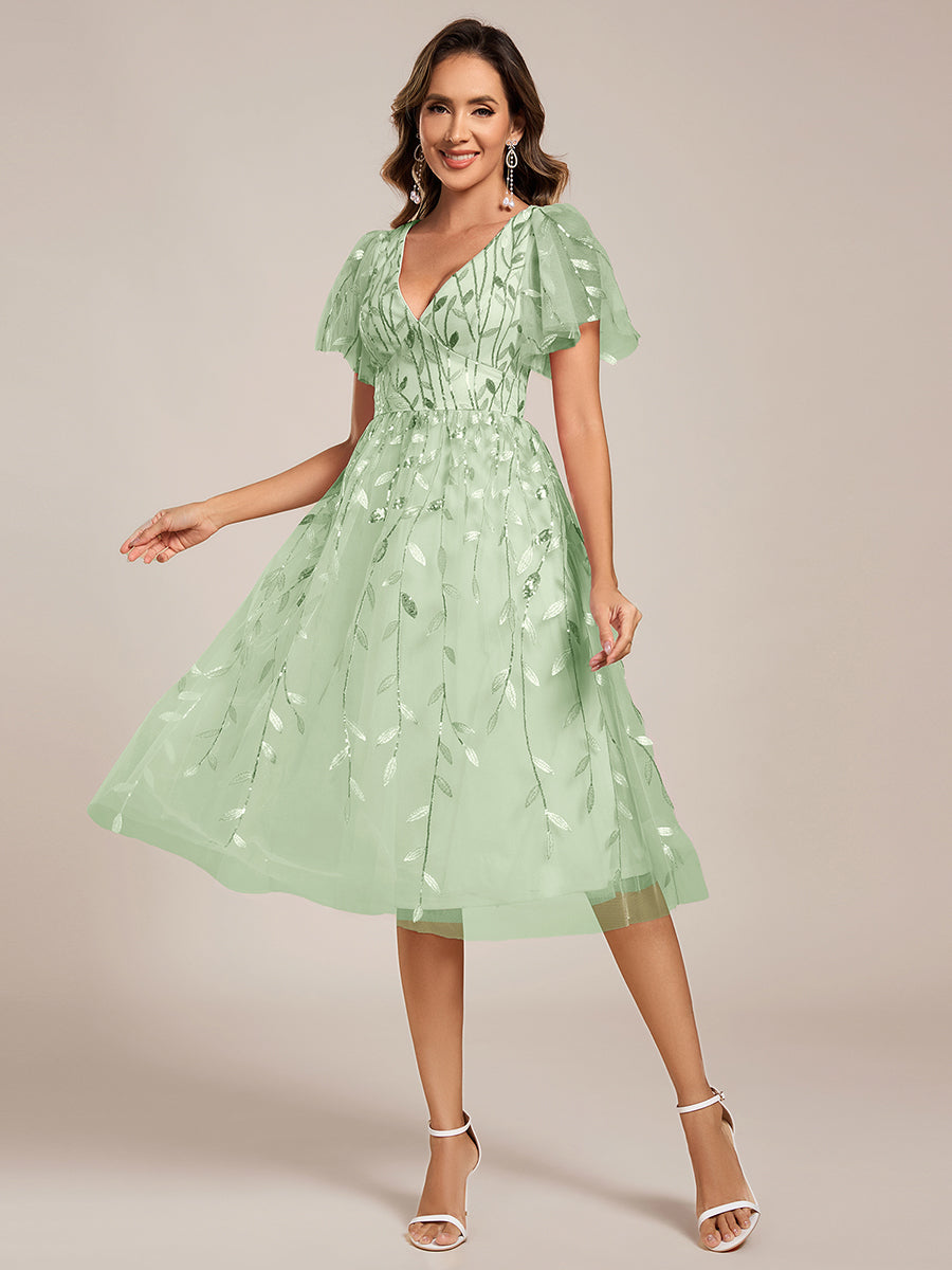 Robe d'invité de mariage formelle mi-longue à paillettes et feuilles à manches courtes #Couleur_Menthe Verte