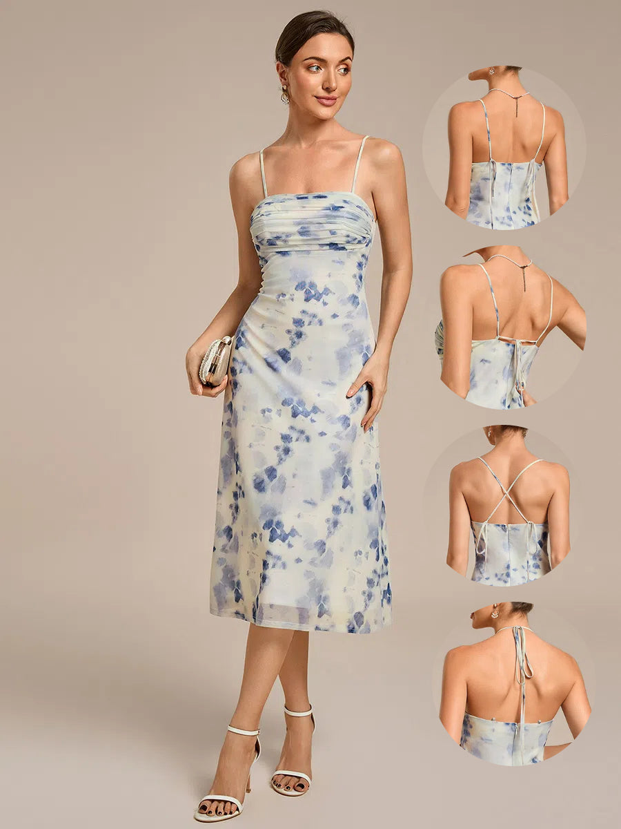 Robe d'invité de mariage trapèze en mousseline fluide à encolure ronde et longueur au genou #Couleur_Floral Bleu