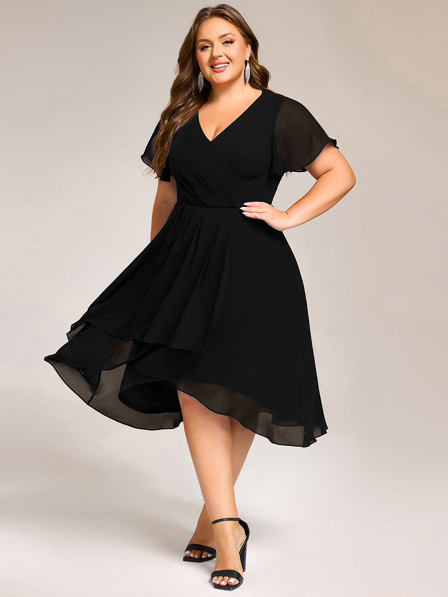 Robe D'invité De Mariage En Mousseline De Soie Mi-Longue Plissée à Manches à Volants Et Col En V #Couleur_Noir