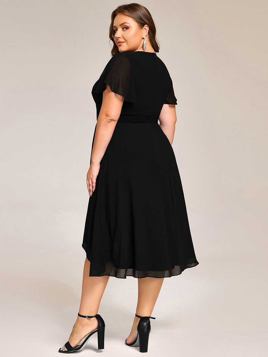 Robe D'invité De Mariage En Mousseline De Soie Mi-Longue Plissée à Manches à Volants Et Col En V #Couleur_Noir