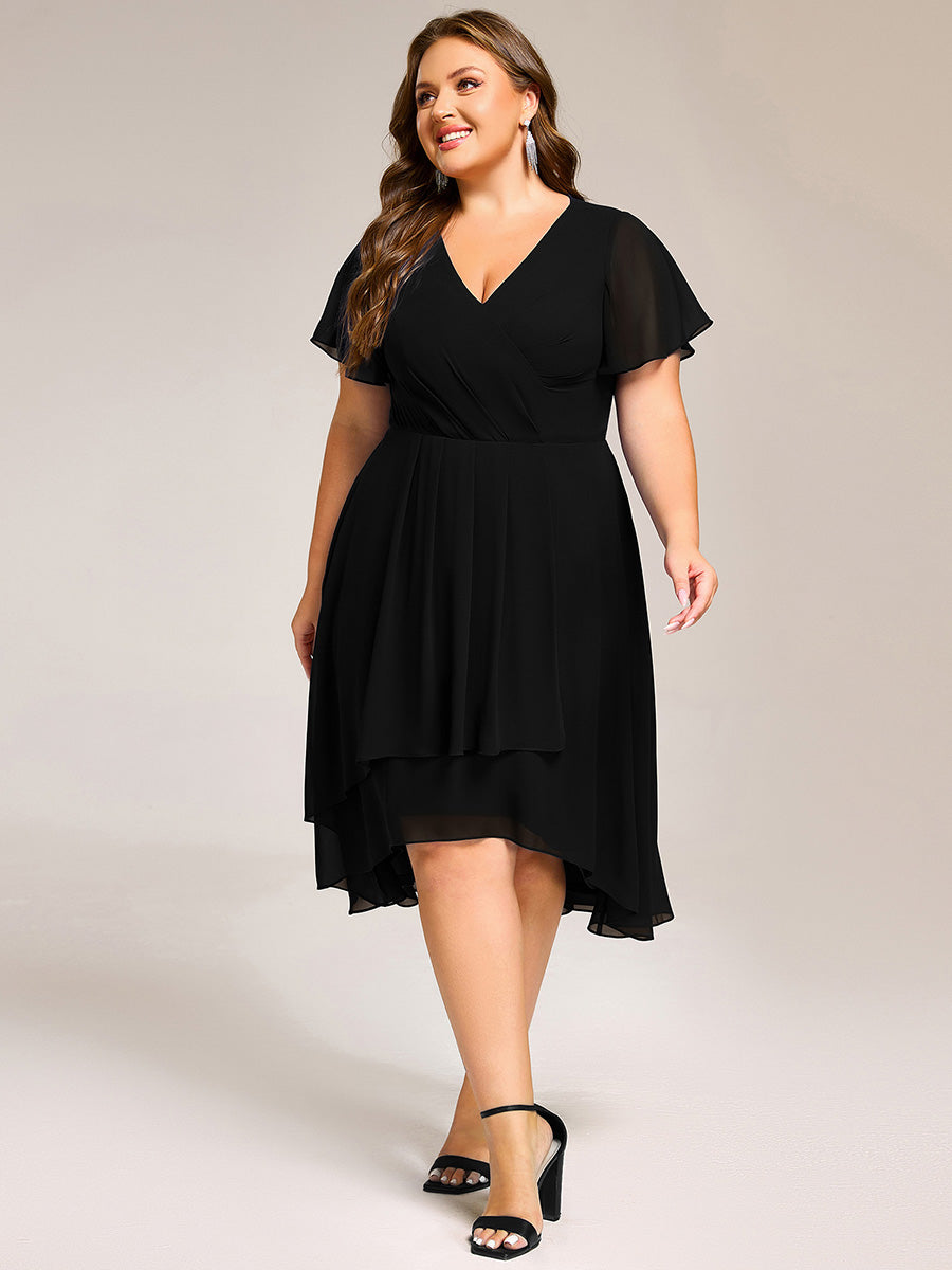 Robe D'invité De Mariage En Mousseline De Soie Mi-Longue Plissée à Manches à Volants Et Col En V #Couleur_Noir