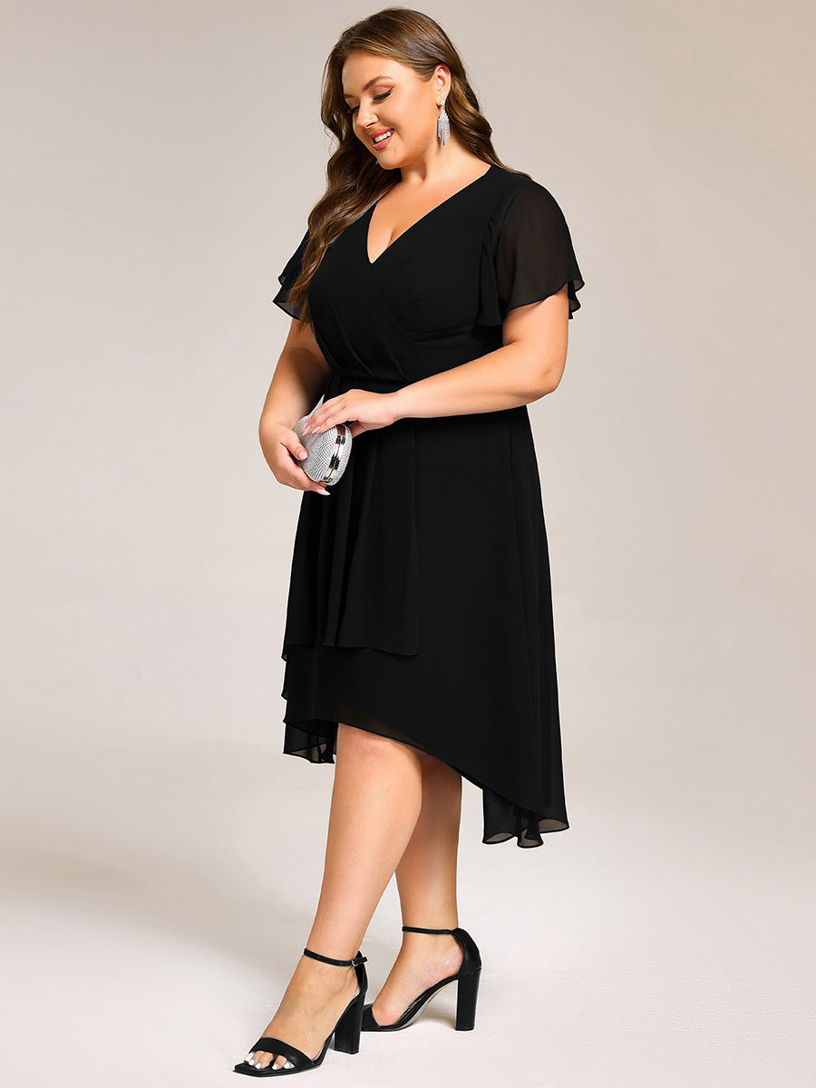 Robe D'invité De Mariage En Mousseline De Soie Mi-Longue Plissée à Manches à Volants Et Col En V #Couleur_Noir