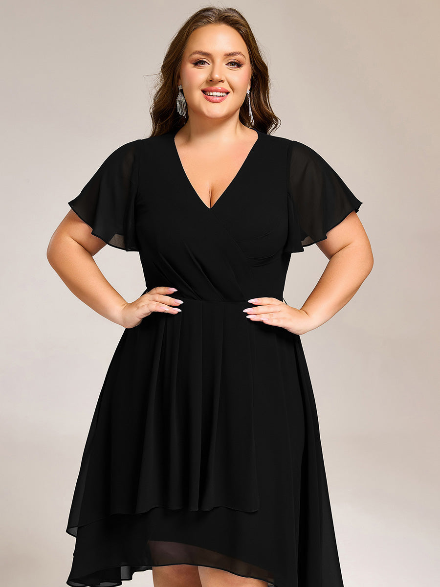 Robe D'invité De Mariage En Mousseline De Soie Mi-Longue Plissée à Manches à Volants Et Col En V #Couleur_Noir
