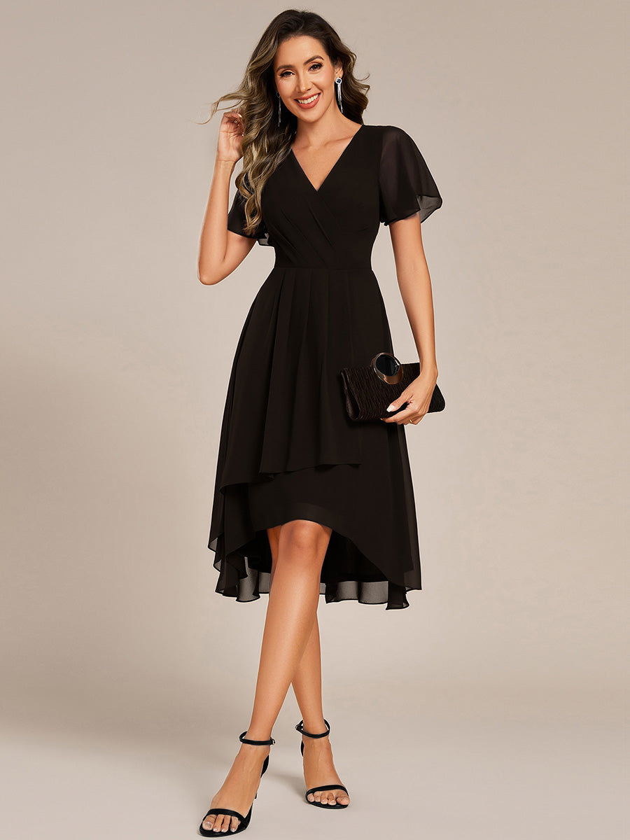 Robe D'invité De Mariage En Mousseline De Soie Mi-Longue Plissée à Manches à Volants Et Col En V #Couleur_Noir