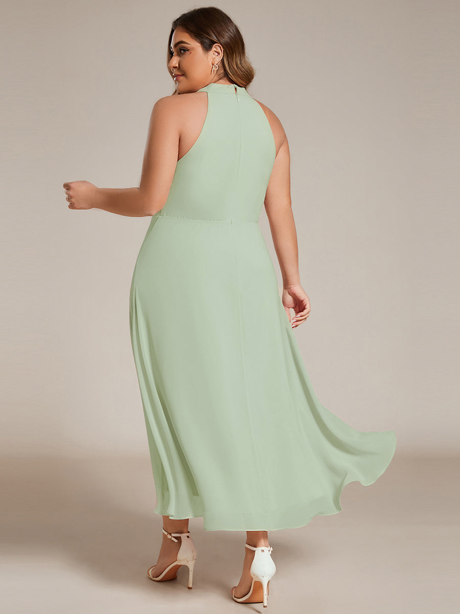 Robe d'invité de mariage mi-longue sans manches et col licou en mousseline de soie #Couleur_Menthe Verte